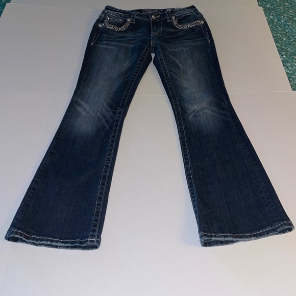 MISS ME 27 Signature Boot-cut distressed 5 Pocket Jeans Low Rise Factory Fading - Picture 14 of 16